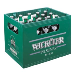 Grüner Getränkekasten mit zwanzig Flaschen hellem Bier steht bereit.