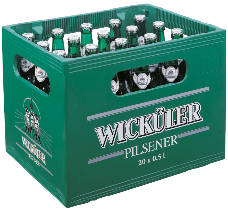 Grüner Getränkekasten mit zwanzig Flaschen hellem Bier steht bereit.