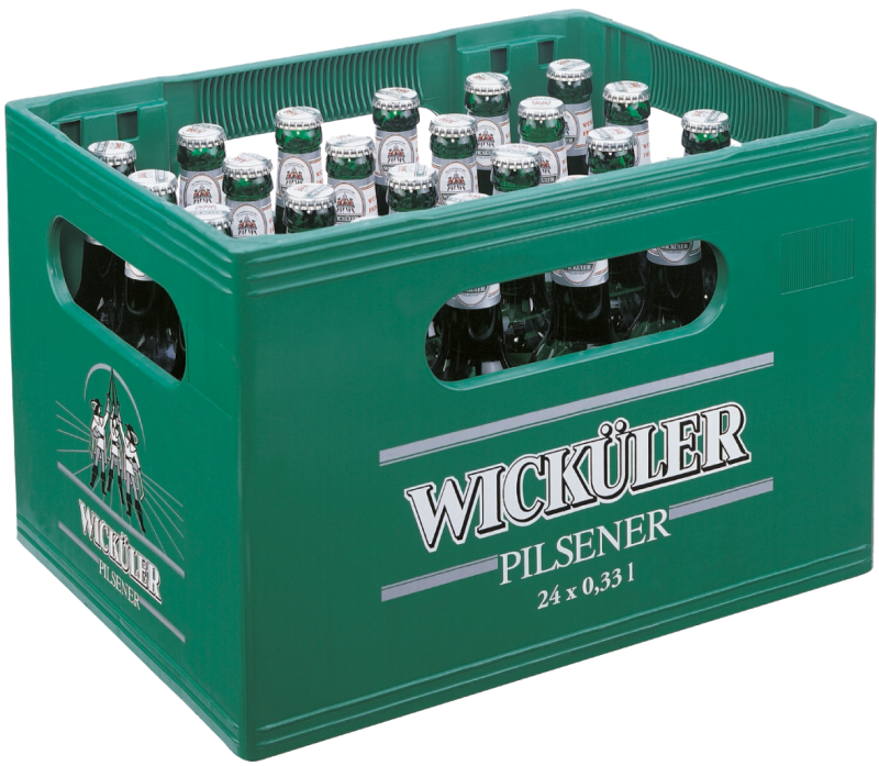 Ein grüner Getränkekasten ist voll mit verschlossenen Glasflaschen.