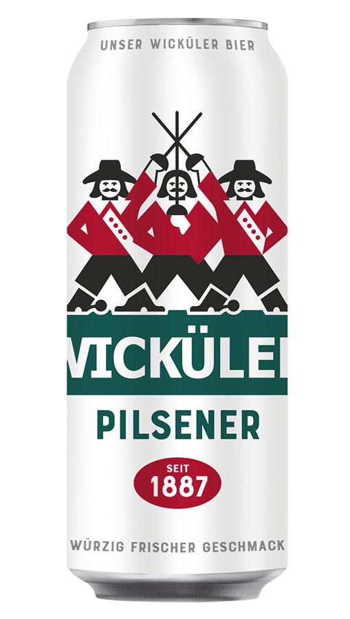 Eine Bierdose mit grafischen Darstellungen von drei Männern in historischen Kostümen und Bergen.