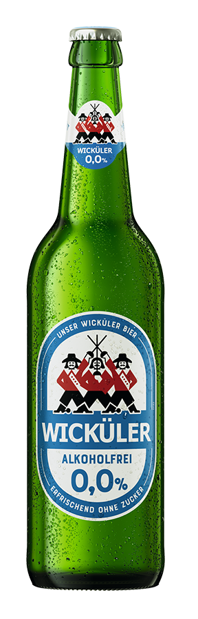 Grüne Bierflasche mit weiß und blauer Etikettierung, versehen mit traditionellen Symbolen und der Auffschrift Wicküler alkoholfrei 0,0 Prozent.